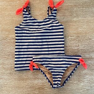 Crewcuts Sz 8 Striped Blue and White Kids Swim Set with Hot Pink Accents